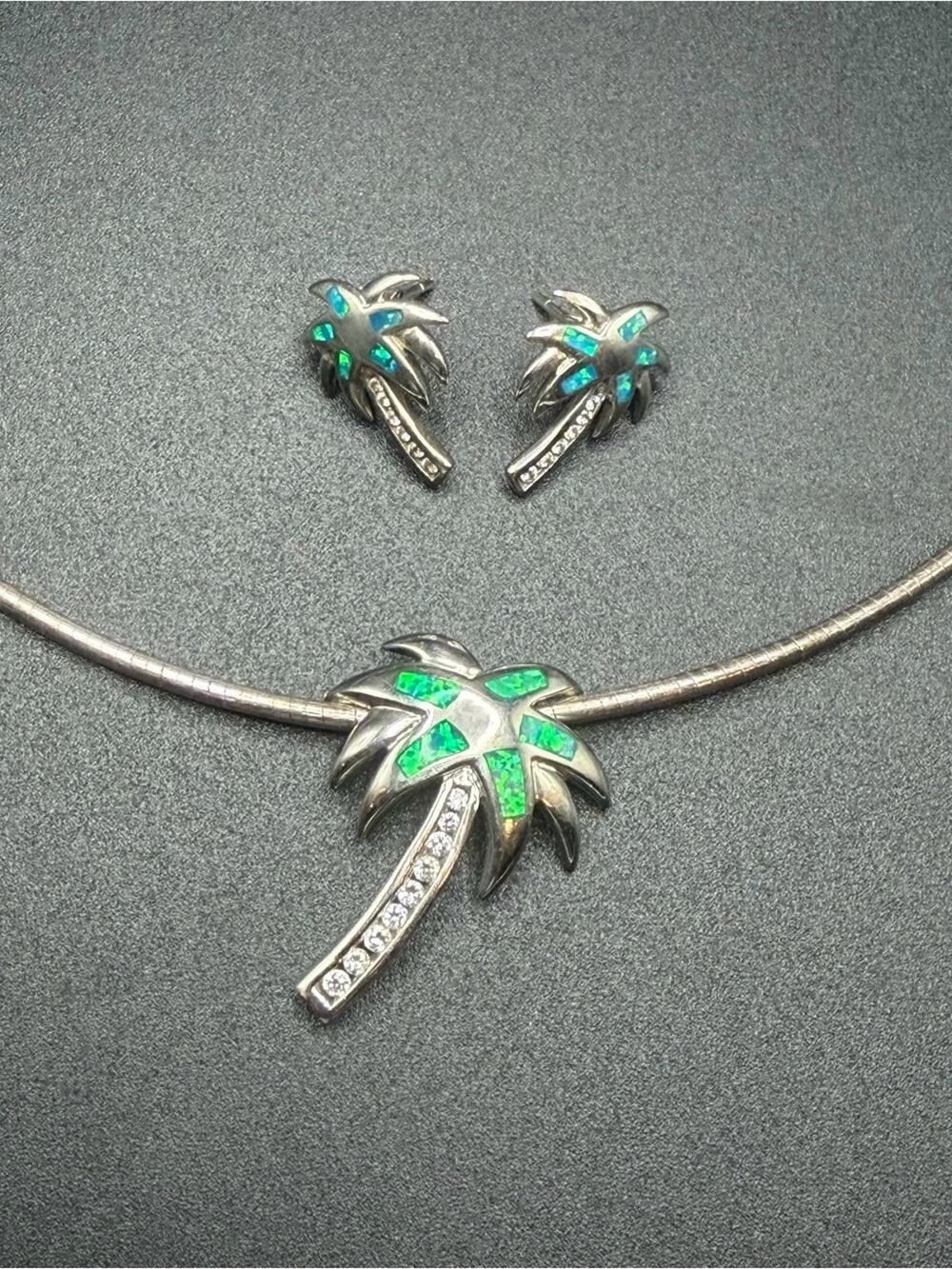 925 Sterling Silver Palm Tree Necklace and Earrings blue green inlay opal #S30
